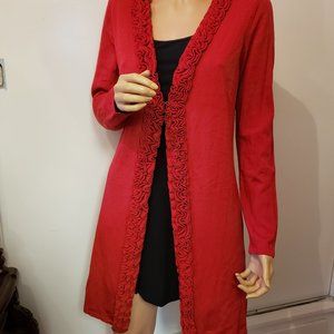 NWOT CJN Limited long cute red Knit cardigan with ruffle collar.
